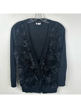 Kate Spade Cardigan Womens Small Black Wool Cashmere Textured 3D Sweater